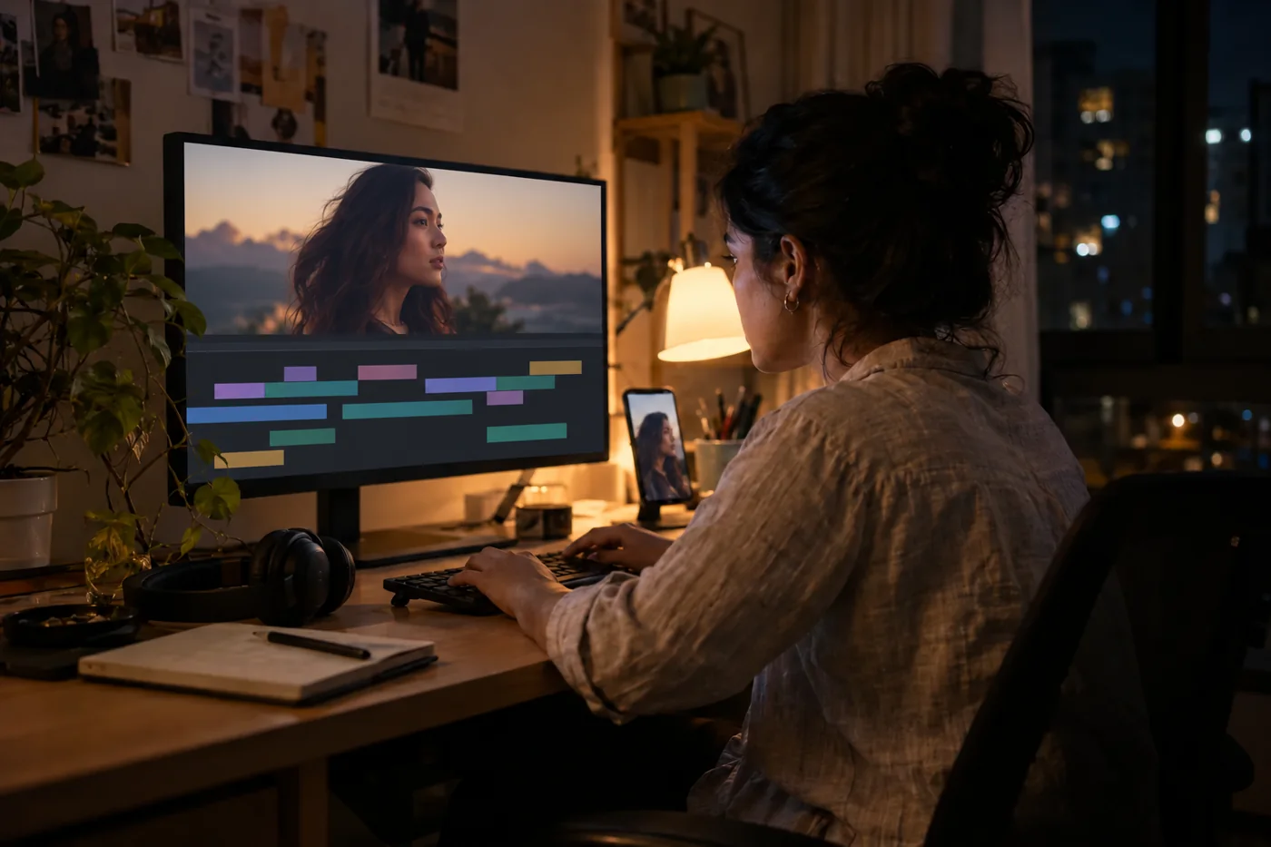 An editor working on a video timeline at a warmly lit desk at night
