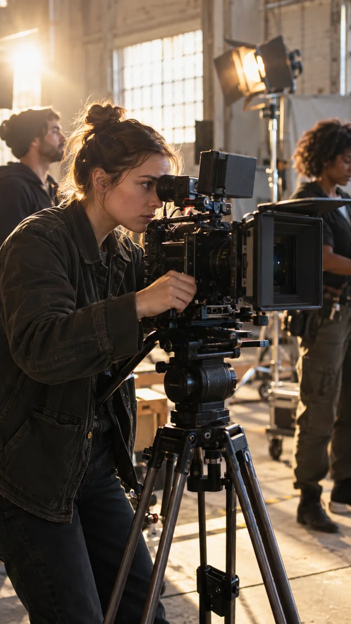 A camera operator filming on a sunlit independent film set