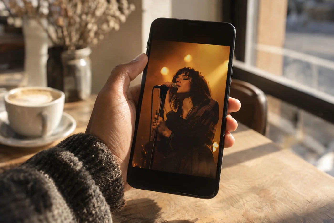 A hand holding a phone with a vertical live-music clip on screen